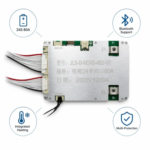 492-JLS-B Smart 24S 80A BMS with Low-Temperature Heating Function | Bluetooth & RS485 for All-Weather Energy Storage